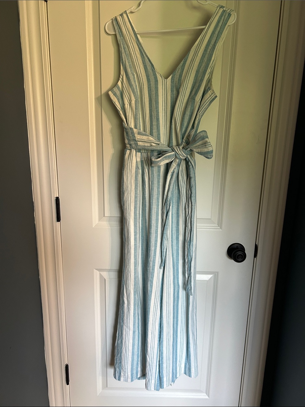 Striped Light Blue & White V-Neck Jumpsuit with Tie Waist
